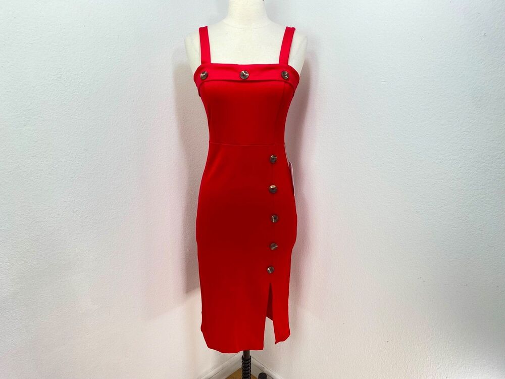 Stella Luce Red Bodycon Dress Med Stretch Sleeveless Buttons Slit Sexy Cocktail